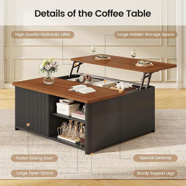 Alt view image 3 of 7 - 31.5" Lift Top Coffee Table with Storage, Square Coffee Tables for Living Room, Fluted Coffee Table with Large Hidden Storage Compartment and Adjustable Shelves, Fluted Black