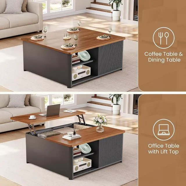 Alt view image 4 of 7 - 31.5" Lift Top Coffee Table with Storage, Square Coffee Tables for Living Room, Fluted Coffee Table with Large Hidden Storage Compartment and Adjustable Shelves, Fluted Black