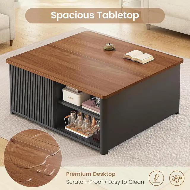 Alt view image 5 of 7 - 31.5" Lift Top Coffee Table with Storage, Square Coffee Tables for Living Room, Fluted Coffee Table with Large Hidden Storage Compartment and Adjustable Shelves, Fluted Black