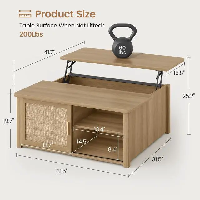 Alt view image 2 of 7 - 31.5" Lift Top Coffee Table with Storage, Square Coffee Tables for Living Room, Farmhouse Coffee Table with Large Hidden Storage Compartment and Adjustable Shelves, Rattan Oak