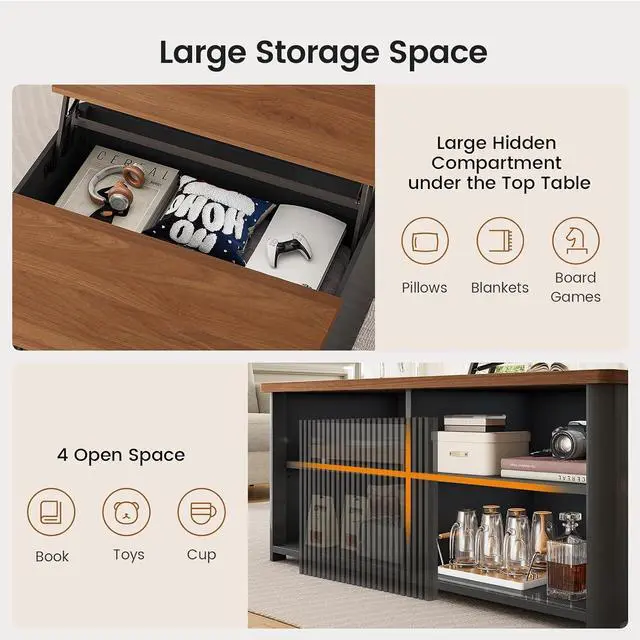 Alt view image 7 of 7 - 31.5" Lift Top Coffee Table with Storage, Square Coffee Tables for Living Room, Fluted Coffee Table with Large Hidden Storage Compartment and Adjustable Shelves, Fluted Black
