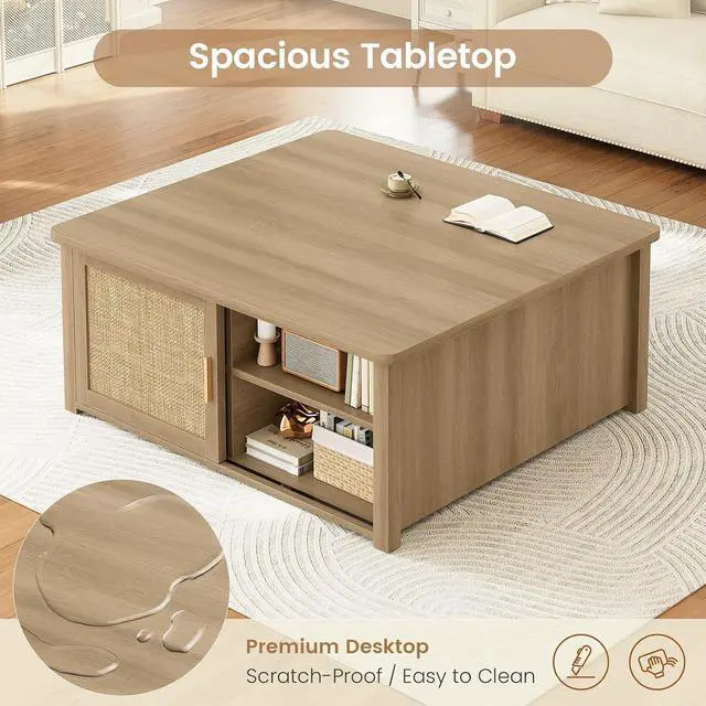 Alt view image 5 of 7 - 31.5" Lift Top Coffee Table with Storage, Square Coffee Tables for Living Room, Farmhouse Coffee Table with Large Hidden Storage Compartment and Adjustable Shelves, Rattan Oak