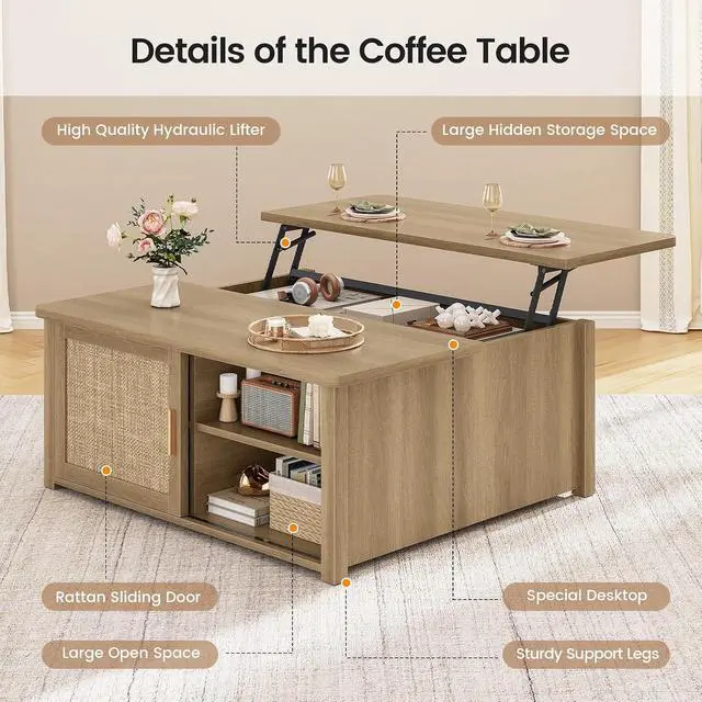 Alt view image 3 of 7 - 31.5" Lift Top Coffee Table with Storage, Square Coffee Tables for Living Room, Farmhouse Coffee Table with Large Hidden Storage Compartment and Adjustable Shelves, Rattan Oak