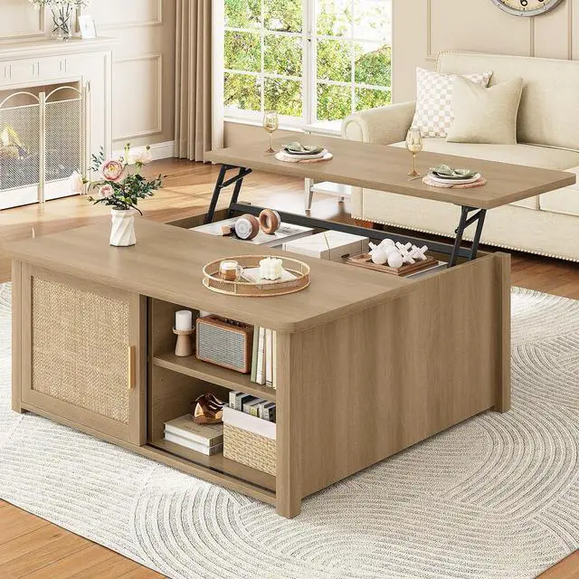Main image of 31.5" Lift Top Coffee Table with Storage, Square Coffee Tables for Living Room, Farmhouse Coffee Table with Large Hidden Storage Compartment and Adjustable Shelves, Rattan Oak