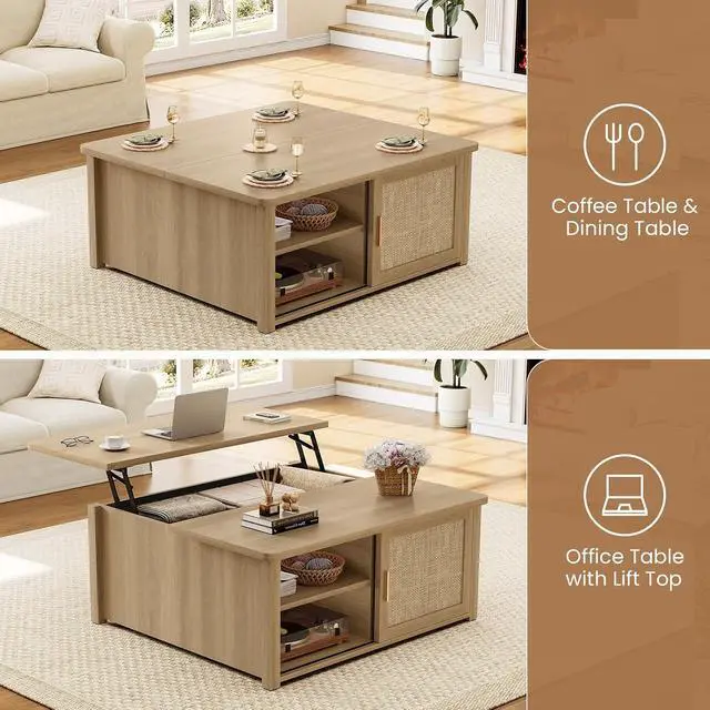 Alt view image 4 of 7 - 31.5" Lift Top Coffee Table with Storage, Square Coffee Tables for Living Room, Farmhouse Coffee Table with Large Hidden Storage Compartment and Adjustable Shelves, Rattan Oak