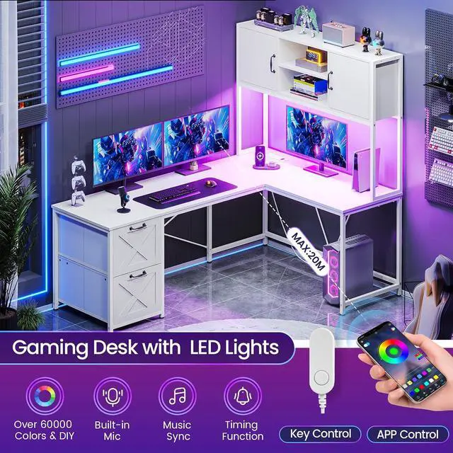 Alt view image 4 of 7 - White L Shaped Office Desk, Farmhouse Home Office Desk with Fabric File Drawers and Power Outlet, Corner Gaming Desk with LED Lights, Hutch and Storage Shelves