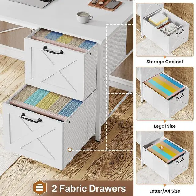 Alt view image 6 of 7 - White L Shaped Office Desk, Farmhouse Home Office Desk with Fabric File Drawers and Power Outlet, Corner Gaming Desk with LED Lights, Hutch and Storage Shelves