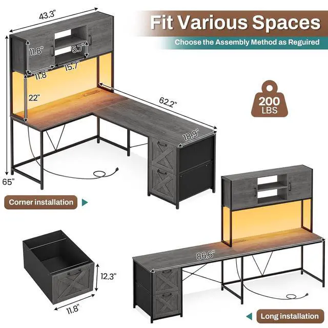 Alt view image 2 of 7 - L Shaped Gaming Desk, Reversible Computer Desk with Fabric Drawers and Power Outlet, Gaming Desk with Led Lights, Hutch and Storage Shelf for Home Office, Grey