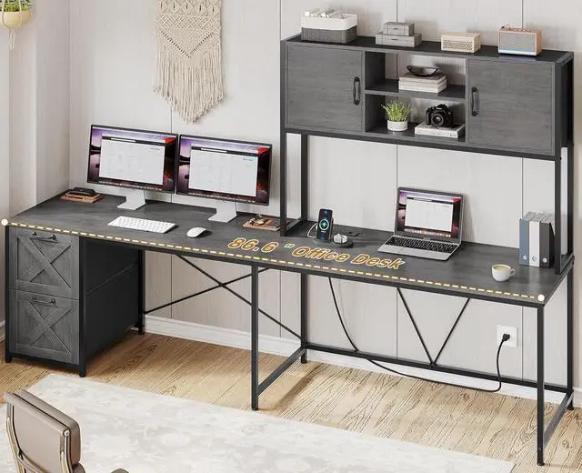 Alt view image 3 of 7 - L Shaped Gaming Desk, Reversible Computer Desk with Fabric Drawers and Power Outlet, Gaming Desk with Led Lights, Hutch and Storage Shelf for Home Office, Grey