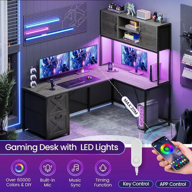 Alt view image 4 of 7 - L Shaped Gaming Desk, Reversible Computer Desk with Fabric Drawers and Power Outlet, Gaming Desk with Led Lights, Hutch and Storage Shelf for Home Office, Grey