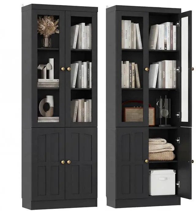Main image of 80" Bookshelf with Glass Doors and Thickened Top Panel, Farmhouse Bookcase with Adjustable Shelves, Tall Bookshelf Display Cabinet for Living Room & Home Office, Black