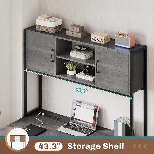 Alt view image 5 of 7 - L Shaped Gaming Desk, Reversible Computer Desk with Fabric Drawers and Power Outlet, Gaming Desk with Led Lights, Hutch and Storage Shelf for Home Office, Grey