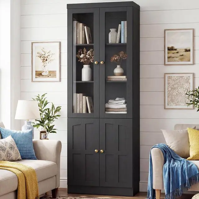 Alt view image 2 of 7 - 80" Bookshelf with Glass Doors and Thickened Top Panel, Farmhouse Bookcase with Adjustable Shelves, Tall Bookshelf Display Cabinet for Living Room & Home Office, Black