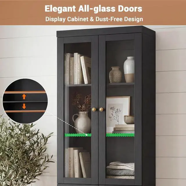 Alt view image 5 of 7 - 80" Bookshelf with Glass Doors and Thickened Top Panel, Farmhouse Bookcase with Adjustable Shelves, Tall Bookshelf Display Cabinet for Living Room & Home Office, Black