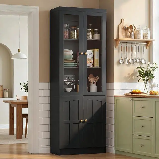 Alt view image 4 of 7 - 80" Bookshelf with Glass Doors and Thickened Top Panel, Farmhouse Bookcase with Adjustable Shelves, Tall Bookshelf Display Cabinet for Living Room & Home Office, Black