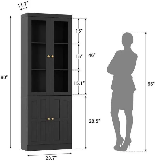 Alt view image 3 of 7 - 80" Bookshelf with Glass Doors and Thickened Top Panel, Farmhouse Bookcase with Adjustable Shelves, Tall Bookshelf Display Cabinet for Living Room & Home Office, Black