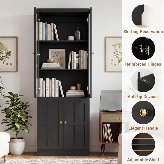 Alt view image 7 of 7 - 80" Bookshelf with Glass Doors and Thickened Top Panel, Farmhouse Bookcase with Adjustable Shelves, Tall Bookshelf Display Cabinet for Living Room & Home Office, Black