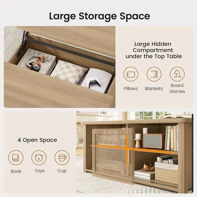 Alt view image 7 of 7 - 31.5" Lift Top Coffee Table with Storage, Square Coffee Tables for Living Room, Farmhouse Coffee Table with Large Hidden Storage Compartment and Adjustable Shelves, Rattan Oak