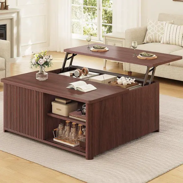 Main image of 31.5" Lift Top Coffee Table with Storage, Square Coffee Tables for Living Room, Fluted Coffee Table with Large Hidden Storage Compartment and Adjustable Shelves, Walnut