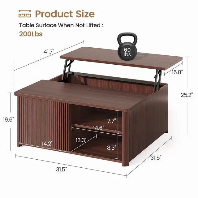Alt view image 2 of 7 - 31.5" Lift Top Coffee Table with Storage, Square Coffee Tables for Living Room, Fluted Coffee Table with Large Hidden Storage Compartment and Adjustable Shelves, Walnut