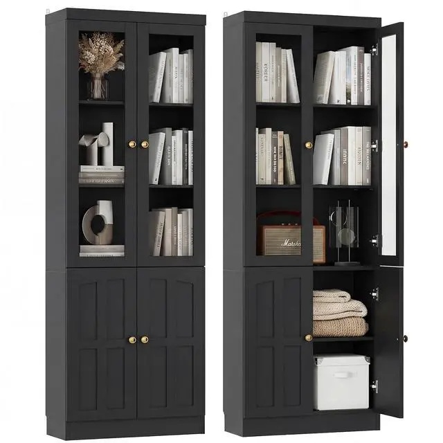Alt view image 3 of 7 - 80" Bookshelf with Glass Doors and Thickened Top Panel, Farmhouse Bookcase with Adjustable Shelves, Tall Bookshelf Display Cabinet for Living Room & Home Office, Black, Set of 2