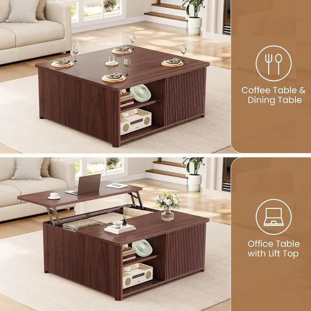 Alt view image 4 of 7 - 31.5" Lift Top Coffee Table with Storage, Square Coffee Tables for Living Room, Fluted Coffee Table with Large Hidden Storage Compartment and Adjustable Shelves, Walnut