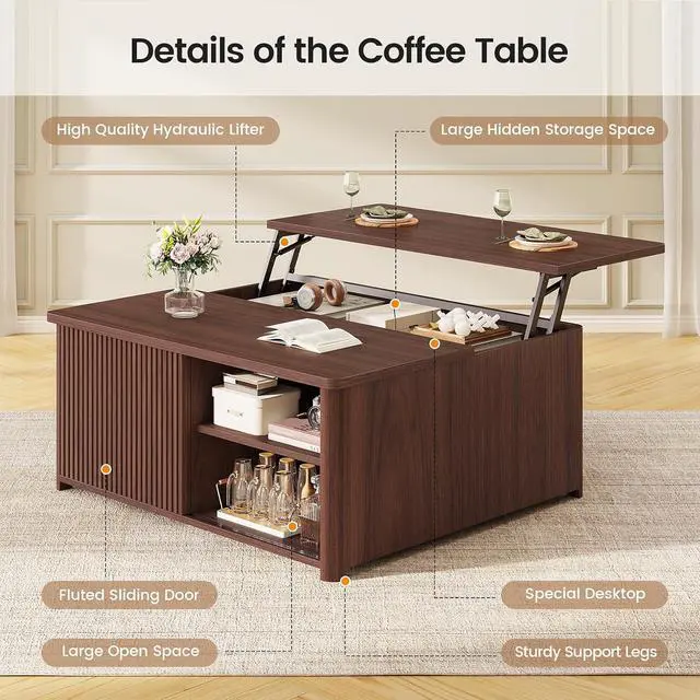 Alt view image 3 of 7 - 31.5" Lift Top Coffee Table with Storage, Square Coffee Tables for Living Room, Fluted Coffee Table with Large Hidden Storage Compartment and Adjustable Shelves, Walnut