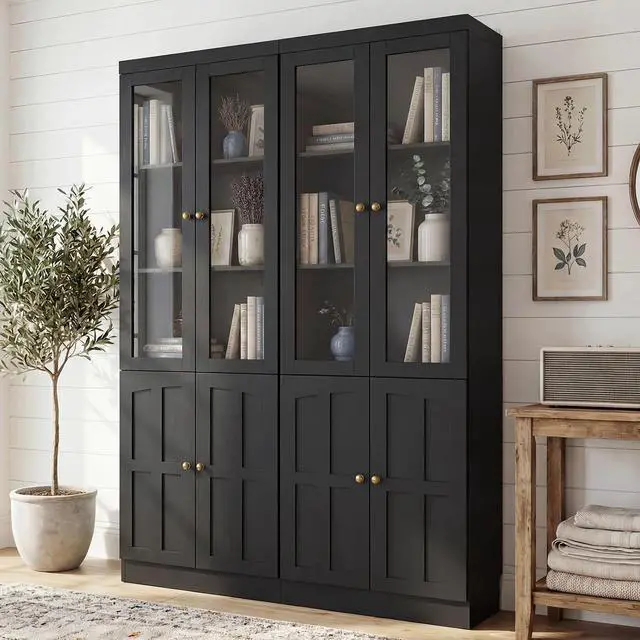 Main image of 80" Bookshelf with Glass Doors and Thickened Top Panel, Farmhouse Bookcase with Adjustable Shelves, Tall Bookshelf Display Cabinet for Living Room & Home Office, Black, Set of 2