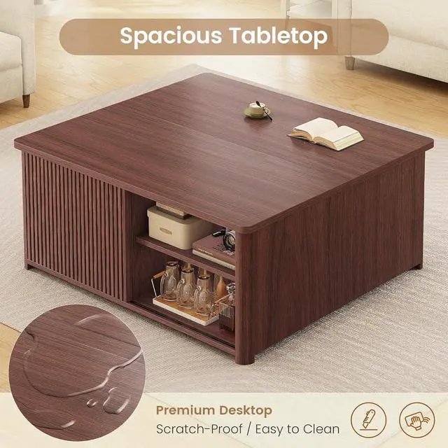 Alt view image 5 of 7 - 31.5" Lift Top Coffee Table with Storage, Square Coffee Tables for Living Room, Fluted Coffee Table with Large Hidden Storage Compartment and Adjustable Shelves, Walnut