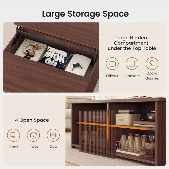 Alt view image 7 of 7 - 31.5" Lift Top Coffee Table with Storage, Square Coffee Tables for Living Room, Fluted Coffee Table with Large Hidden Storage Compartment and Adjustable Shelves, Walnut