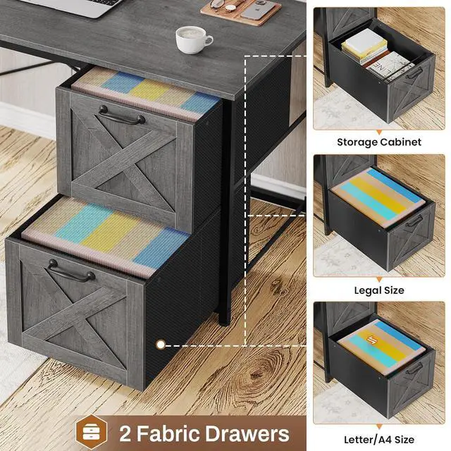 Alt view image 6 of 7 - L Shaped Gaming Desk, Reversible Computer Desk with Fabric Drawers and Power Outlet, Gaming Desk with Led Lights, Hutch and Storage Shelf for Home Office, Grey