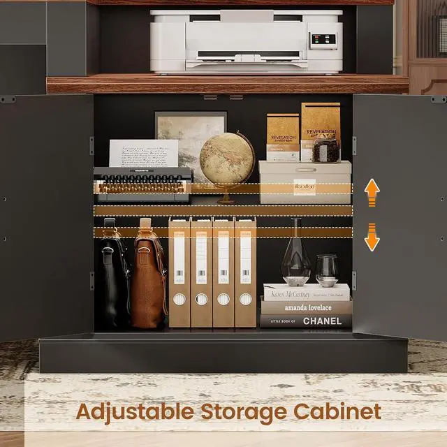 Alt view image 5 of 7 - Farmhouse 70.9" Executive Desk, Home Office Desk with File Drawers and Storage Cabinet, Computer Desk with Power Outlet for Home Office, Work Study Writing, Black+Brown