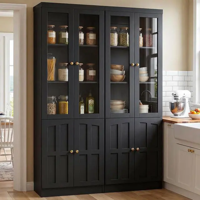 Alt view image 7 of 7 - 80" Bookshelf with Glass Doors and Thickened Top Panel, Farmhouse Bookcase with Adjustable Shelves, Tall Bookshelf Display Cabinet for Living Room & Home Office, Black, Set of 2