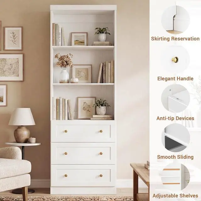Alt view image 6 of 7 - 80" Bookshelf with 3 Drawers, Tall Bookcase with Thickened Top Panel and 3-Tier Open Shelves, Tall Storage Cabinet for Home Office, Living Room, White, Set of 2