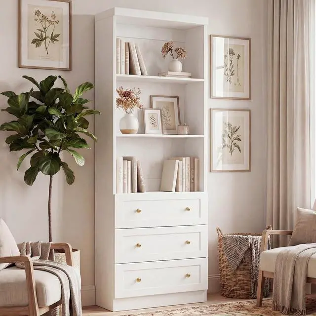Main image of 80" Bookshelf with 3 Drawers, Tall Bookcase with Thickened Top Panel and 3-Tier Open Shelves, Tall Storage Cabinet for Home Office, Living Room, White