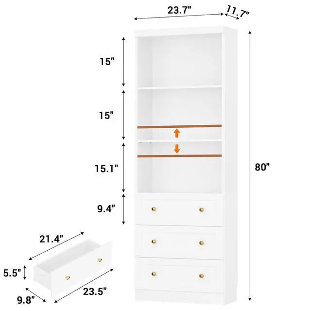Alt view image 2 of 7 - 80" Bookshelf with 3 Drawers, Tall Bookcase with Thickened Top Panel and 3-Tier Open Shelves, Tall Storage Cabinet for Home Office, Living Room, White