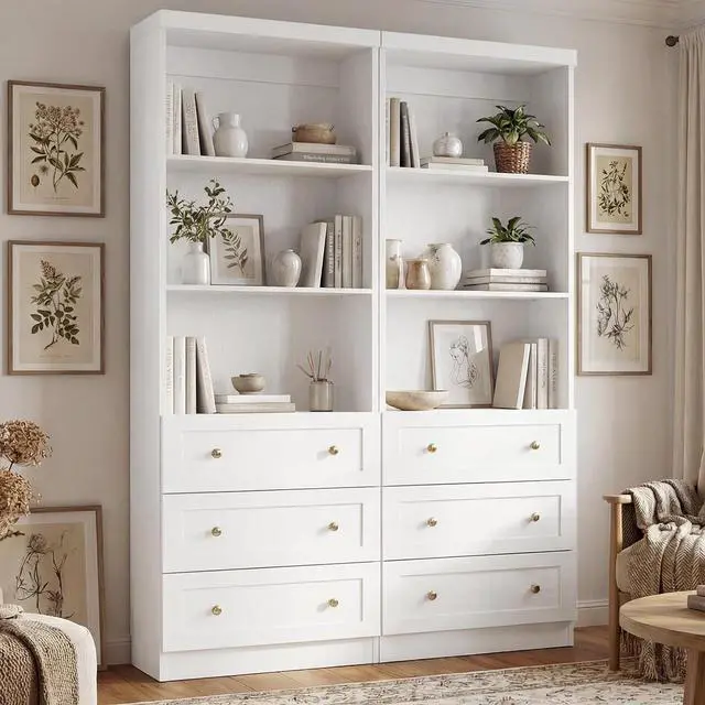 Main image of 80" Bookshelf with 3 Drawers, Tall Bookcase with Thickened Top Panel and 3-Tier Open Shelves, Tall Storage Cabinet for Home Office, Living Room, White, Set of 2