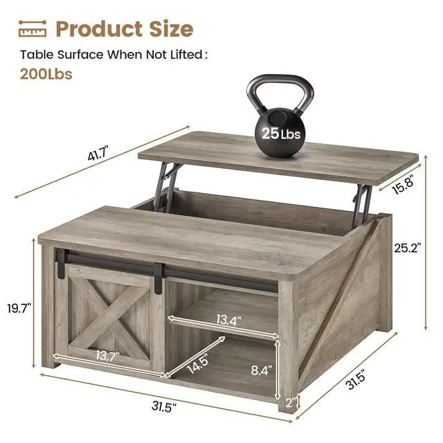 Alt view image 2 of 7 - 31.5" Lift Top Coffee Table with Storage, Square Coffee Tables for Living Room, Farmhouse Coffee Table with Large Hidden Storage Compartment and Adjustable Shelves, Grey