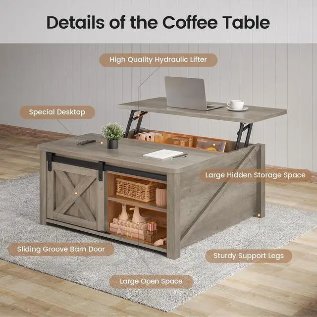 Alt view image 3 of 7 - 31.5" Lift Top Coffee Table with Storage, Square Coffee Tables for Living Room, Farmhouse Coffee Table with Large Hidden Storage Compartment and Adjustable Shelves, Grey