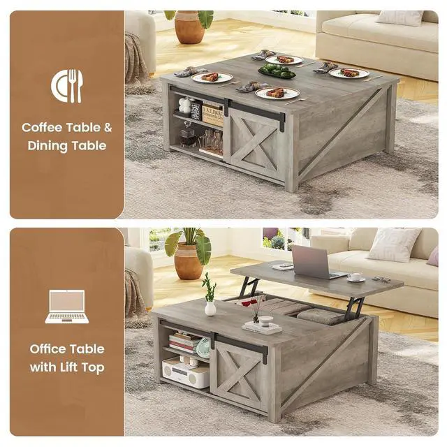 Alt view image 4 of 7 - 31.5" Lift Top Coffee Table with Storage, Square Coffee Tables for Living Room, Farmhouse Coffee Table with Large Hidden Storage Compartment and Adjustable Shelves, Grey