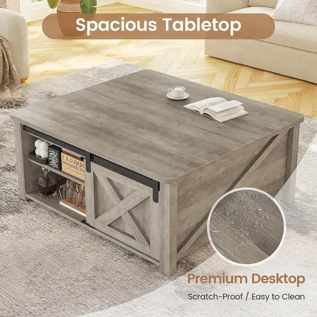 Alt view image 5 of 7 - 31.5" Lift Top Coffee Table with Storage, Square Coffee Tables for Living Room, Farmhouse Coffee Table with Large Hidden Storage Compartment and Adjustable Shelves, Grey