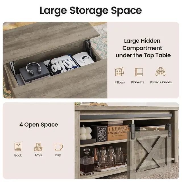 Alt view image 7 of 7 - 31.5" Lift Top Coffee Table with Storage, Square Coffee Tables for Living Room, Farmhouse Coffee Table with Large Hidden Storage Compartment and Adjustable Shelves, Grey