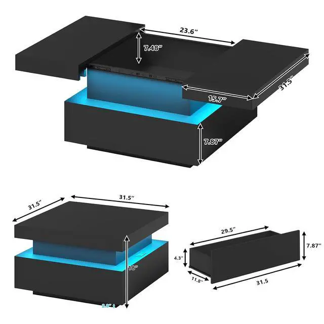 Alt view image 2 of 7 - 31.5" Square Coffee Table with Sliding Top and Charging Station, Black Coffee Tables with LED Lights and Storage Drawer for Living Room, Modern Center Table with Hidden Compartment, Cabinet
