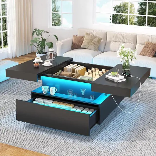 Main image of 31.5" Square Coffee Table with Sliding Top and Charging Station, Black Coffee Tables with LED Lights and Storage Drawer for Living Room, Modern Center Table with Hidden Compartment, Cabinet