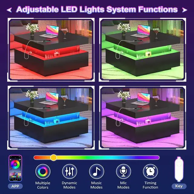 Alt view image 4 of 7 - 31.5" Square Coffee Table with Sliding Top and Charging Station, Black Coffee Tables with LED Lights and Storage Drawer for Living Room, Modern Center Table with Hidden Compartment, Cabinet