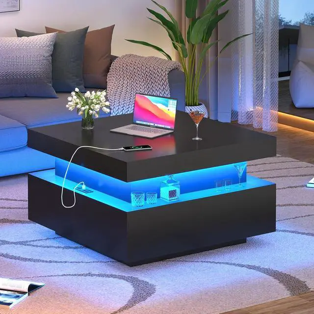 Alt view image 3 of 7 - 31.5" Square Coffee Table with Sliding Top and Charging Station, Black Coffee Tables with LED Lights and Storage Drawer for Living Room, Modern Center Table with Hidden Compartment, Cabinet
