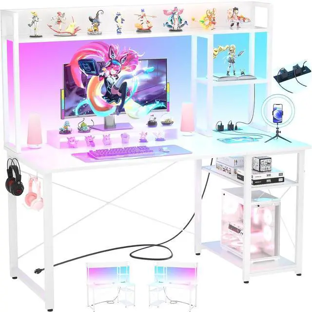 Main image of Gaming Desk with Hutch, 47'' Computer Desk with LED Lights & Power Outlets, Home Office Desk with Reversible 5 Tiers Storage Shelves & Monitor Stand, Small Gaming Table for Small Space, White