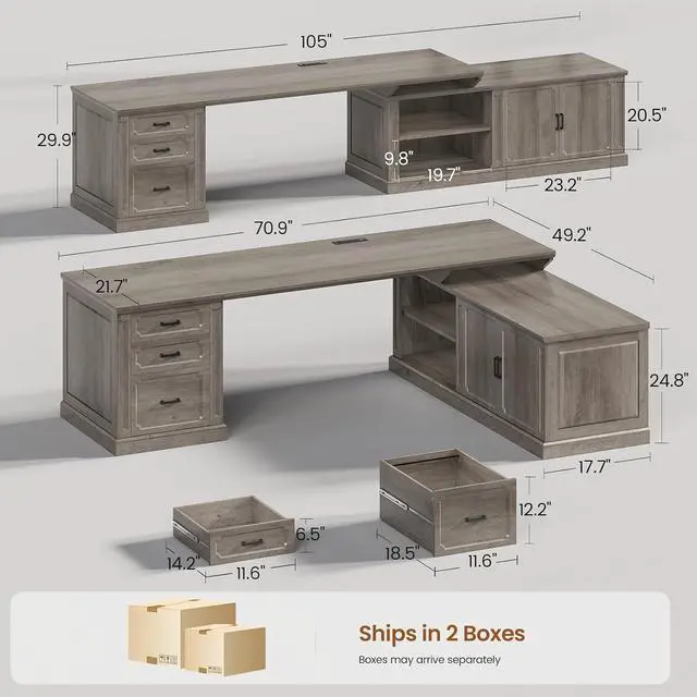 Alt view image 2 of 7 - Farmhouse L Shaped Desk with Drawers, 70.9" Home Office Desk with Storage Cabinet and Storage Shelves, L Shaped Computer Desk with Power OutletGray