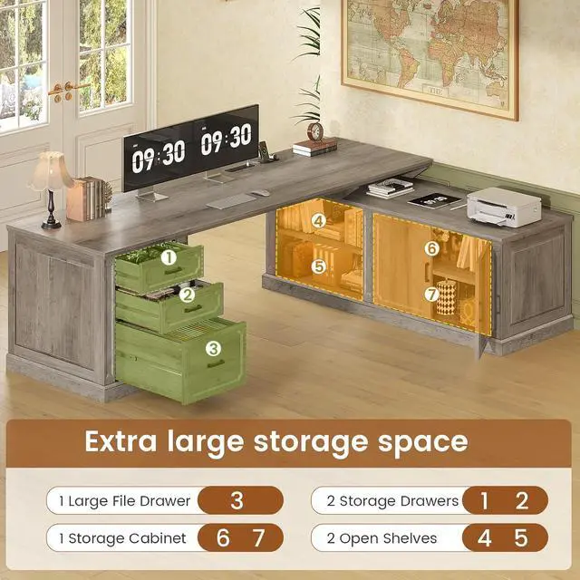 Alt view image 3 of 7 - Farmhouse L Shaped Desk with Drawers, 70.9" Home Office Desk with Storage Cabinet and Storage Shelves, L Shaped Computer Desk with Power OutletGray