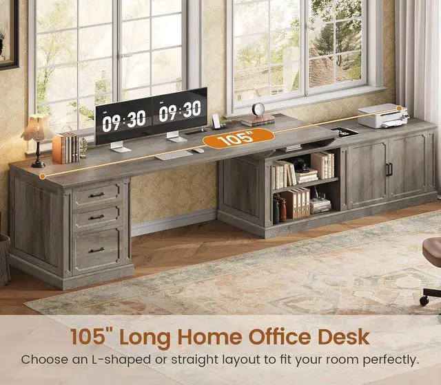 Alt view image 4 of 7 - Farmhouse L Shaped Desk with Drawers, 70.9" Home Office Desk with Storage Cabinet and Storage Shelves, L Shaped Computer Desk with Power OutletGray